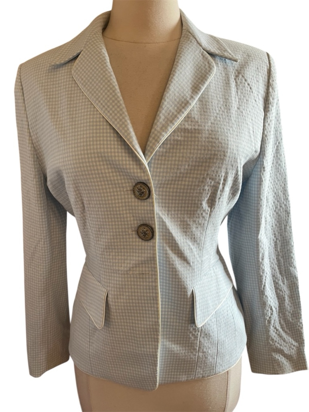 Vintage Vertigo Paris Light Blue & Cream checkered Gingham fitted Blazer Size M